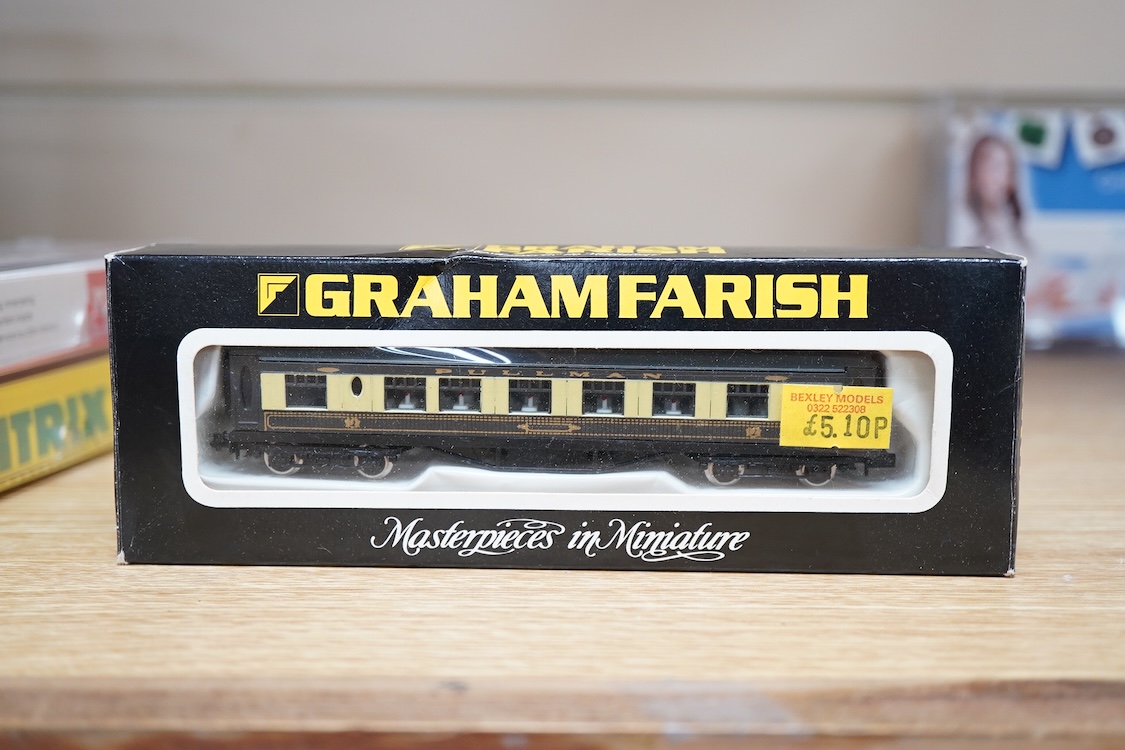 Twenty-eight boxed N gauge railway by Graham Farish, Minitrix, Fleischmann, etc. including four locomotives; an LNER class A3, Flying Scotsman (12950), a BR 0-6-0T, 47160 (N.201), a German DB 0-10-0T, 94 1730, (7094), an